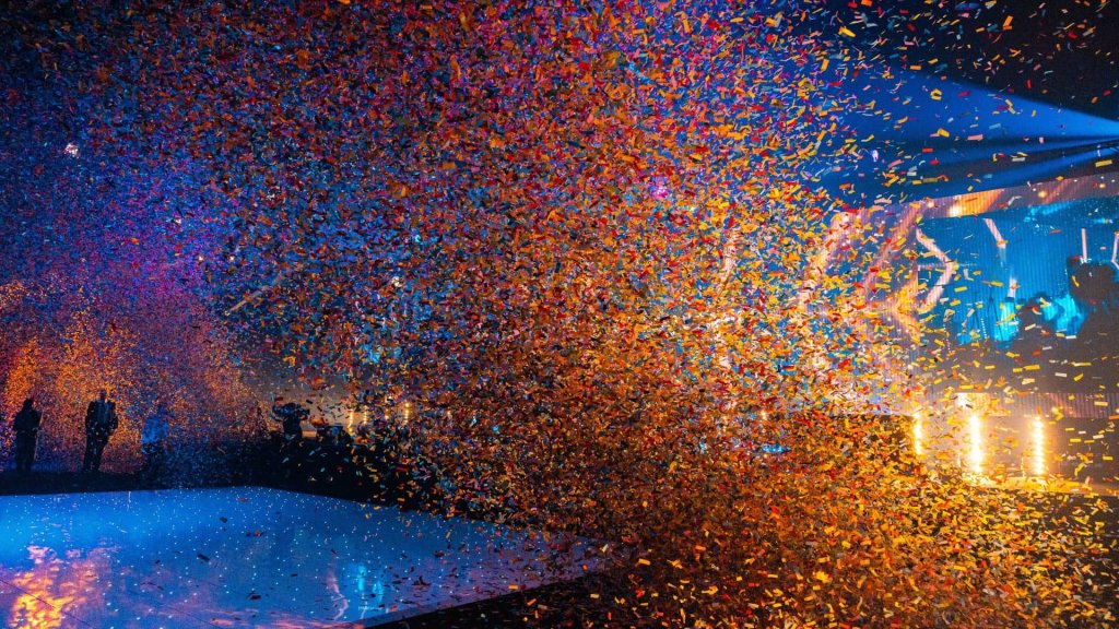 Stage with confetti.