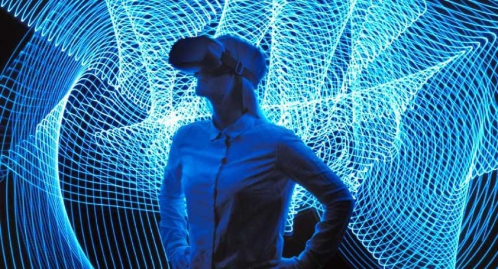 Person wearing a VR headset.